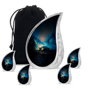 Cobalt Blue Car Cremation Urn side profile showing urn shape - graceful tear-shaped urn with car motif - memorial set with one large and four small urns