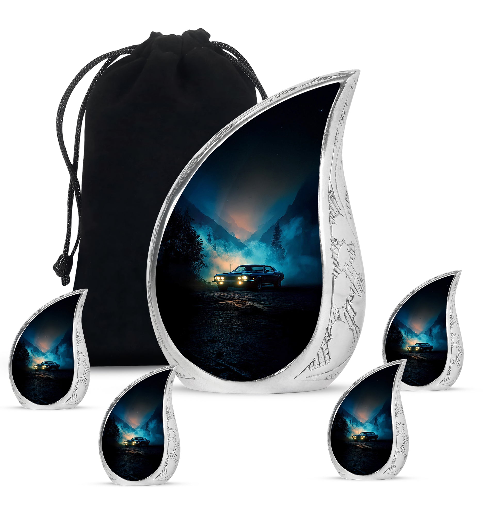 Cobalt Blue Car Cremation Urn side profile showing urn shape - graceful tear-shaped urn with car motif - memorial set with one large and four small urns