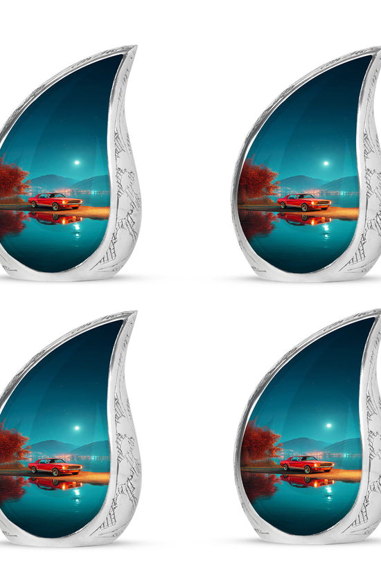Sea Green Teal Car Cremation Urn close-up of engraving and surface detail - flowing teardrop car silhouette on curved aluminum - 10 inch aluminum urn for cremated remains