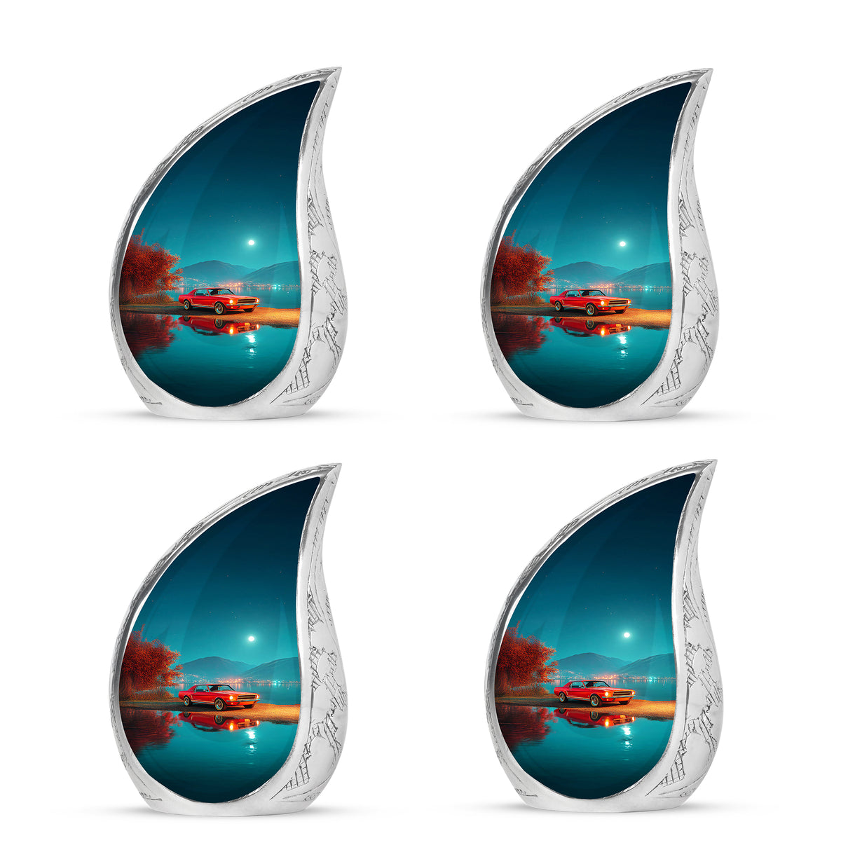 Sea Green Teal Car Cremation Urn close-up of engraving and surface detail - flowing teardrop car silhouette on curved aluminum - 10 inch aluminum urn for cremated remains