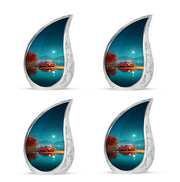 Sea Green Teal Car Cremation Urn close-up of engraving and surface detail - flowing teardrop car silhouette on curved aluminum - 10 inch aluminum urn for cremated remains