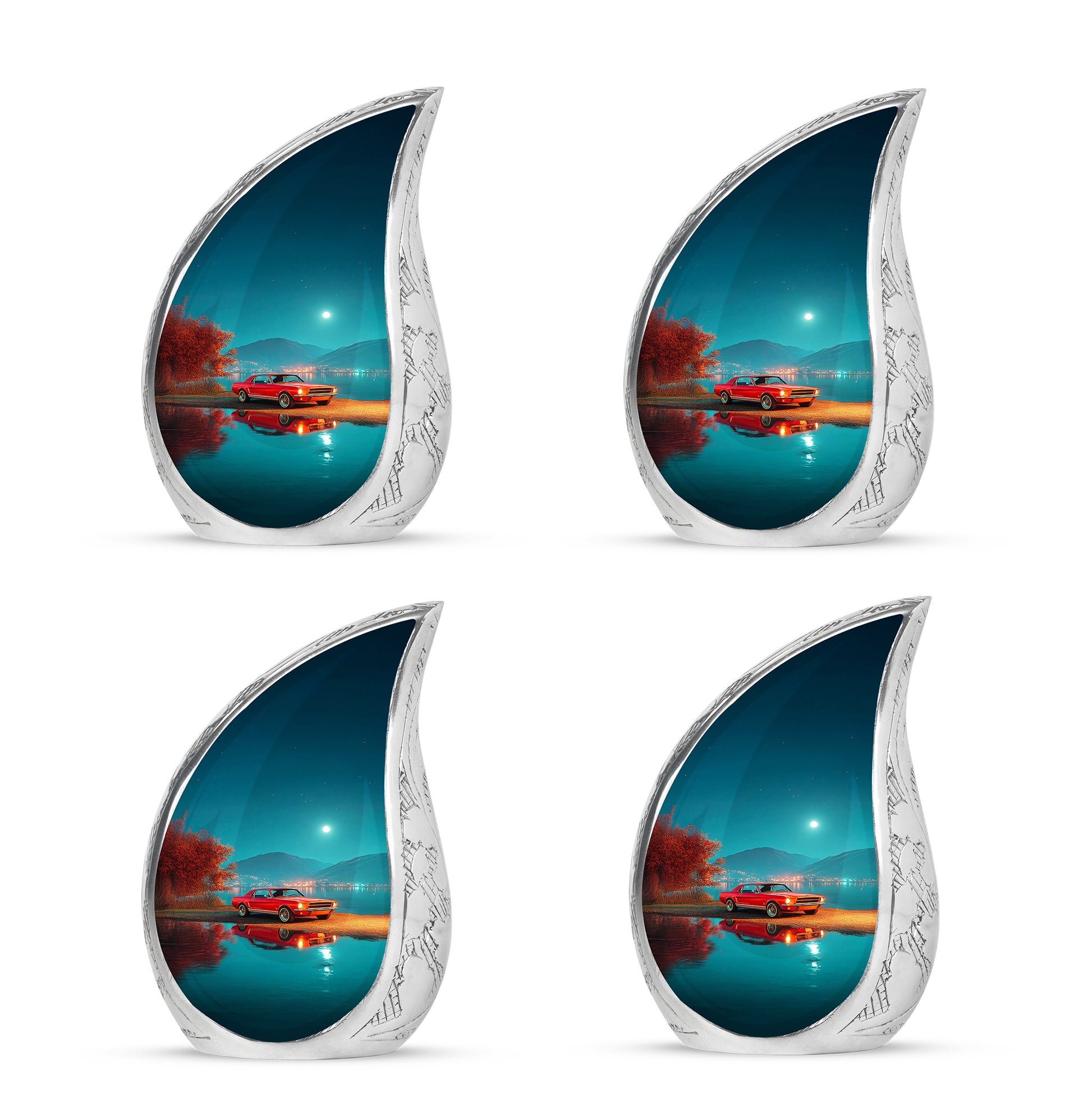 Sea Green Teal Car Cremation Urn close-up of engraving and surface detail - flowing teardrop car silhouette on curved aluminum - 10 inch aluminum urn for cremated remains