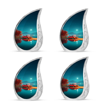 Sea Green Teal Car Cremation Urn close-up of engraving and surface detail - flowing teardrop car silhouette on curved aluminum - 10 inch aluminum urn for cremated remains