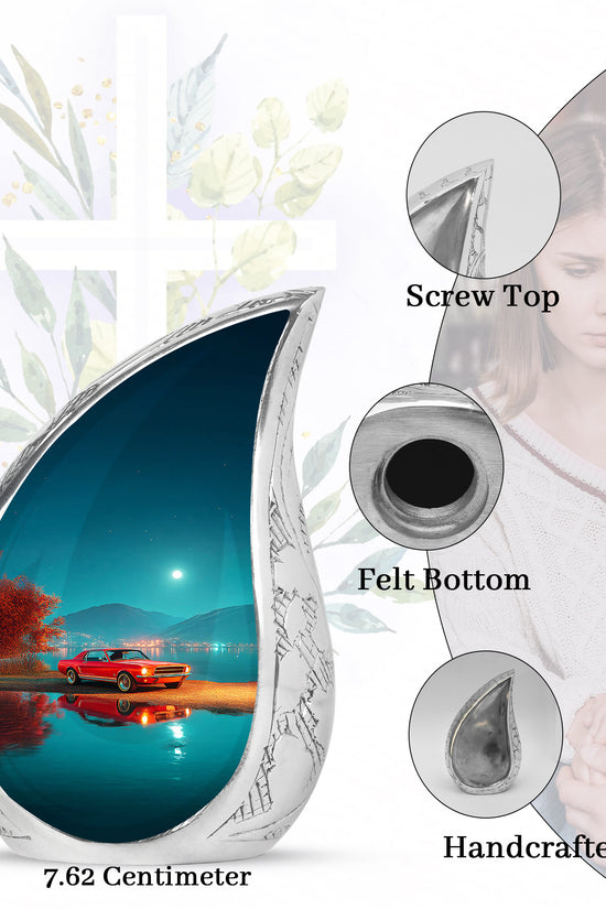Ocean Teal Car Cremation Urn angled view of lid and engraved motif - flowing teardrop car silhouette on curved aluminum - mini keepsake memorial for portion of cremation ashes