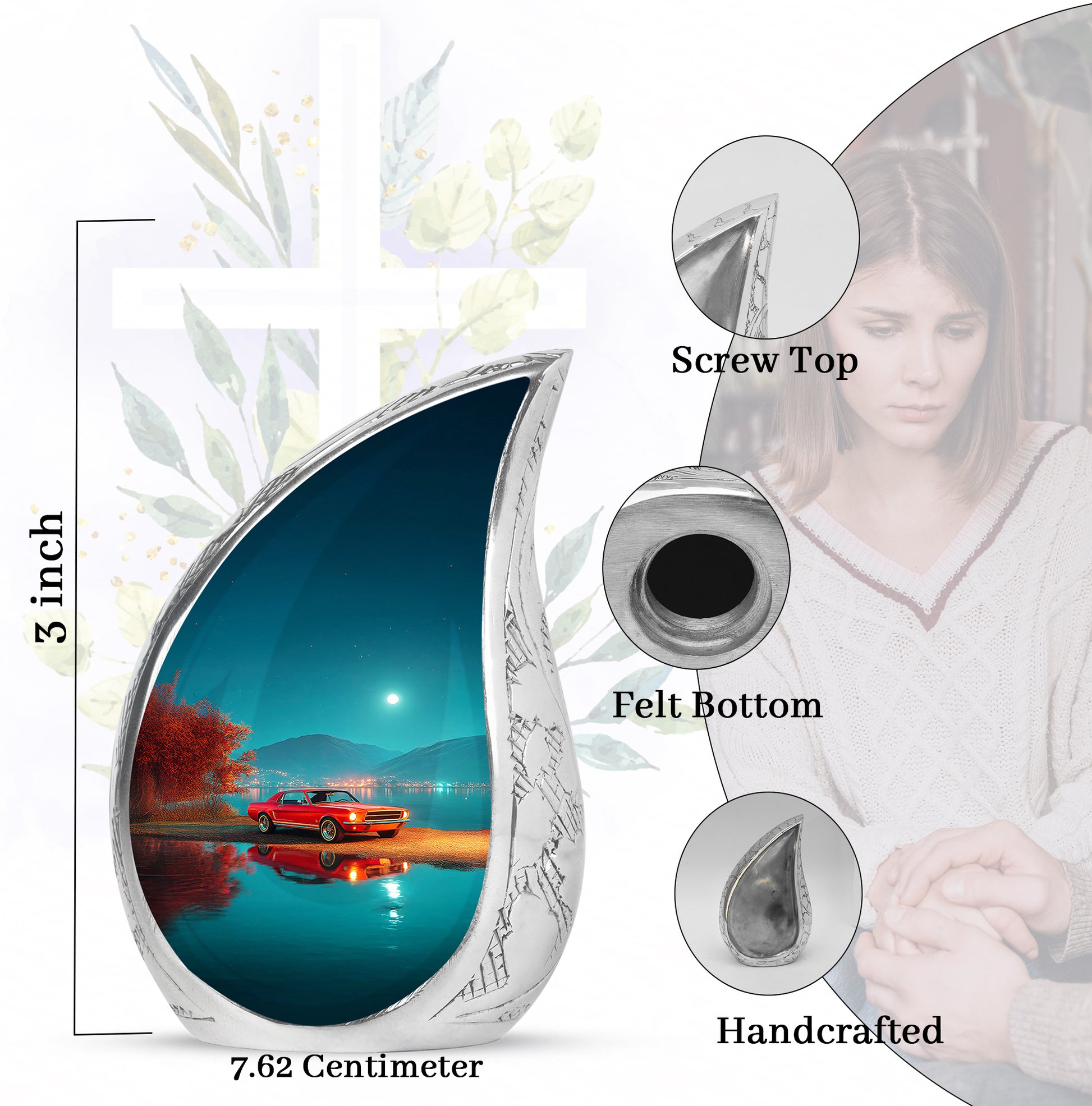 Ocean Teal Car Cremation Urn angled view of lid and engraved motif - flowing teardrop car silhouette on curved aluminum - mini keepsake memorial for portion of cremation ashes