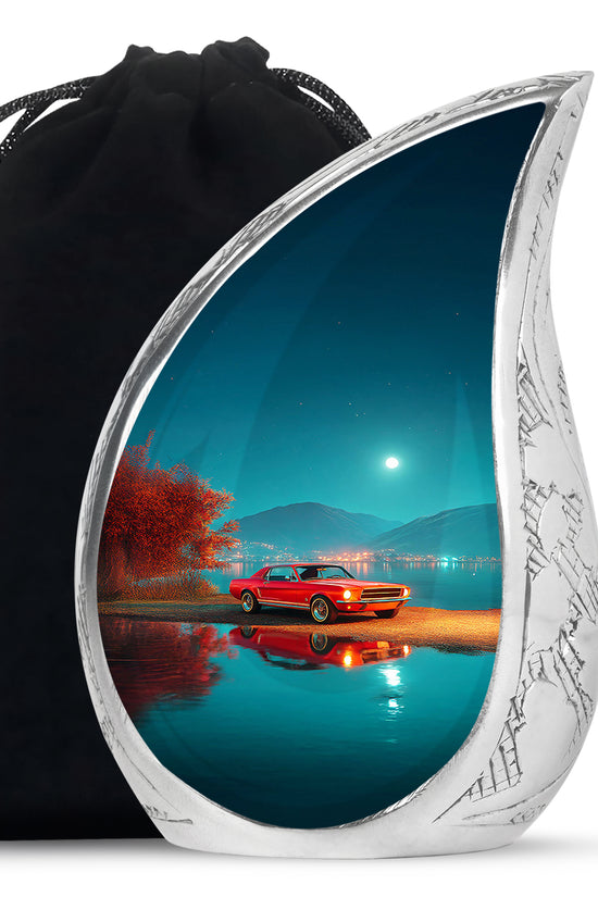 Jewel Teal Car Cremation Urn front view showing detailed design - rounded teardrop car design with delicate detail - full-size 10 inch 200 cubic inch adult cremation urn