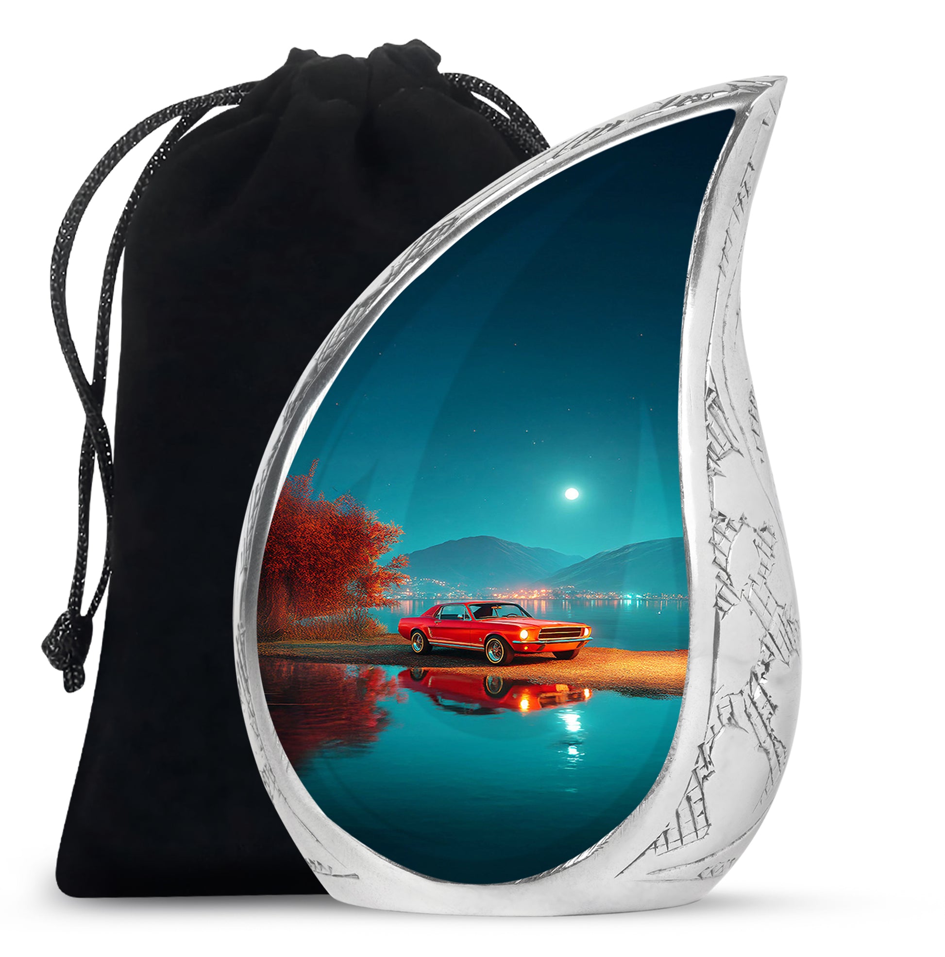 Jewel Teal Car Cremation Urn front view showing detailed design - rounded teardrop car design with delicate detail - full-size 10 inch 200 cubic inch adult cremation urn