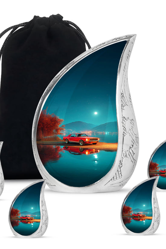 Vivid Teal Car Cremation Urn side profile showing urn shape - graceful tear-shaped urn with car motif - memorial set with one large and four small urns