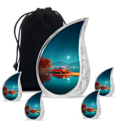 Vivid Teal Car Cremation Urn side profile showing urn shape - graceful tear-shaped urn with car motif - memorial set with one large and four small urns