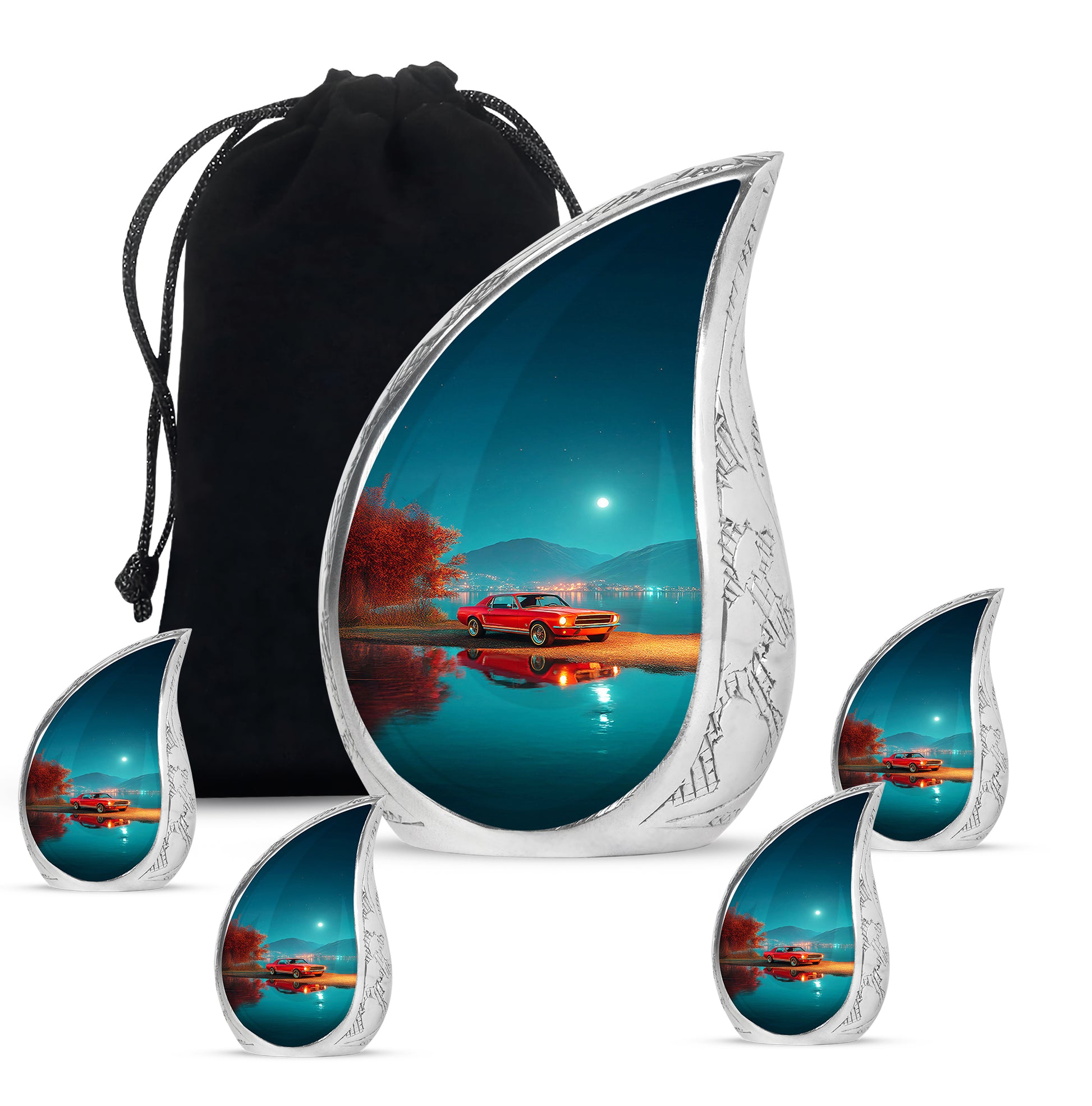 Vivid Teal Car Cremation Urn side profile showing urn shape - graceful tear-shaped urn with car motif - memorial set with one large and four small urns
