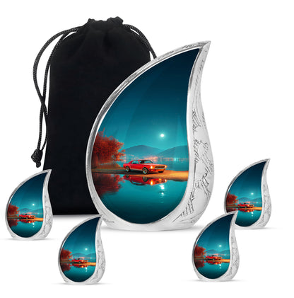 Vivid Teal Car Cremation Urn side profile showing urn shape - graceful tear-shaped urn with car motif - memorial set with one large and four small urns