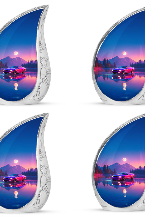 Royal Blue Car Cremation Urn close-up of engraving and surface detail - graceful tear-shaped urn with car motif - 10 inch aluminum urn for cremated remains