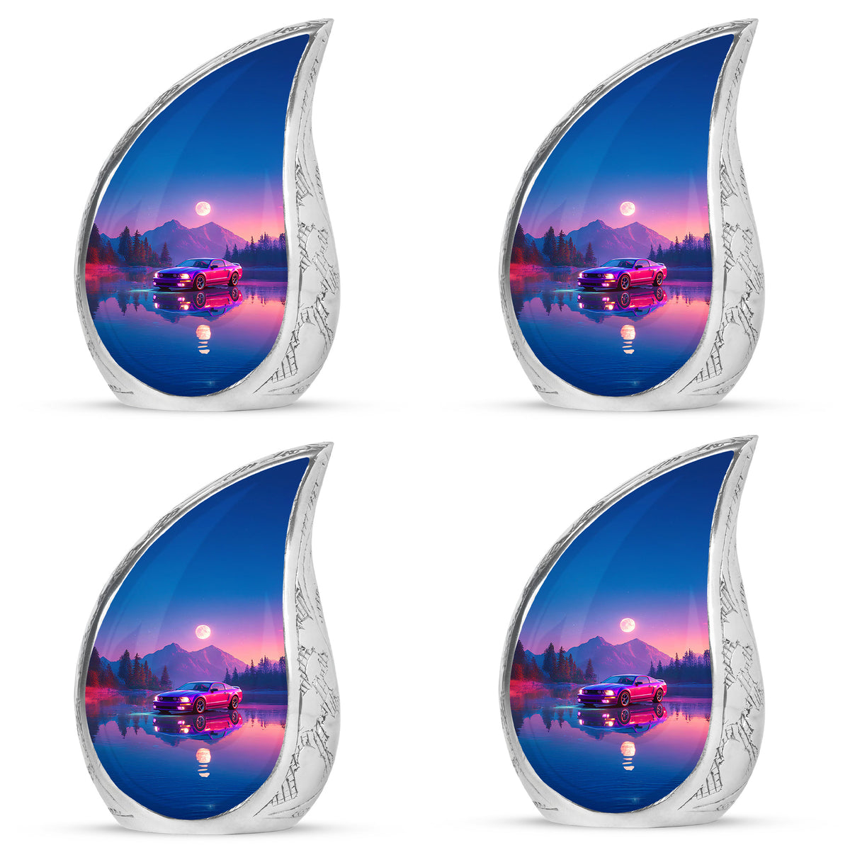 Royal Blue Car Cremation Urn close-up of engraving and surface detail - graceful tear-shaped urn with car motif - 10 inch aluminum urn for cremated remains