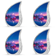 Royal Blue Car Cremation Urn close-up of engraving and surface detail - graceful tear-shaped urn with car motif - 10 inch aluminum urn for cremated remains