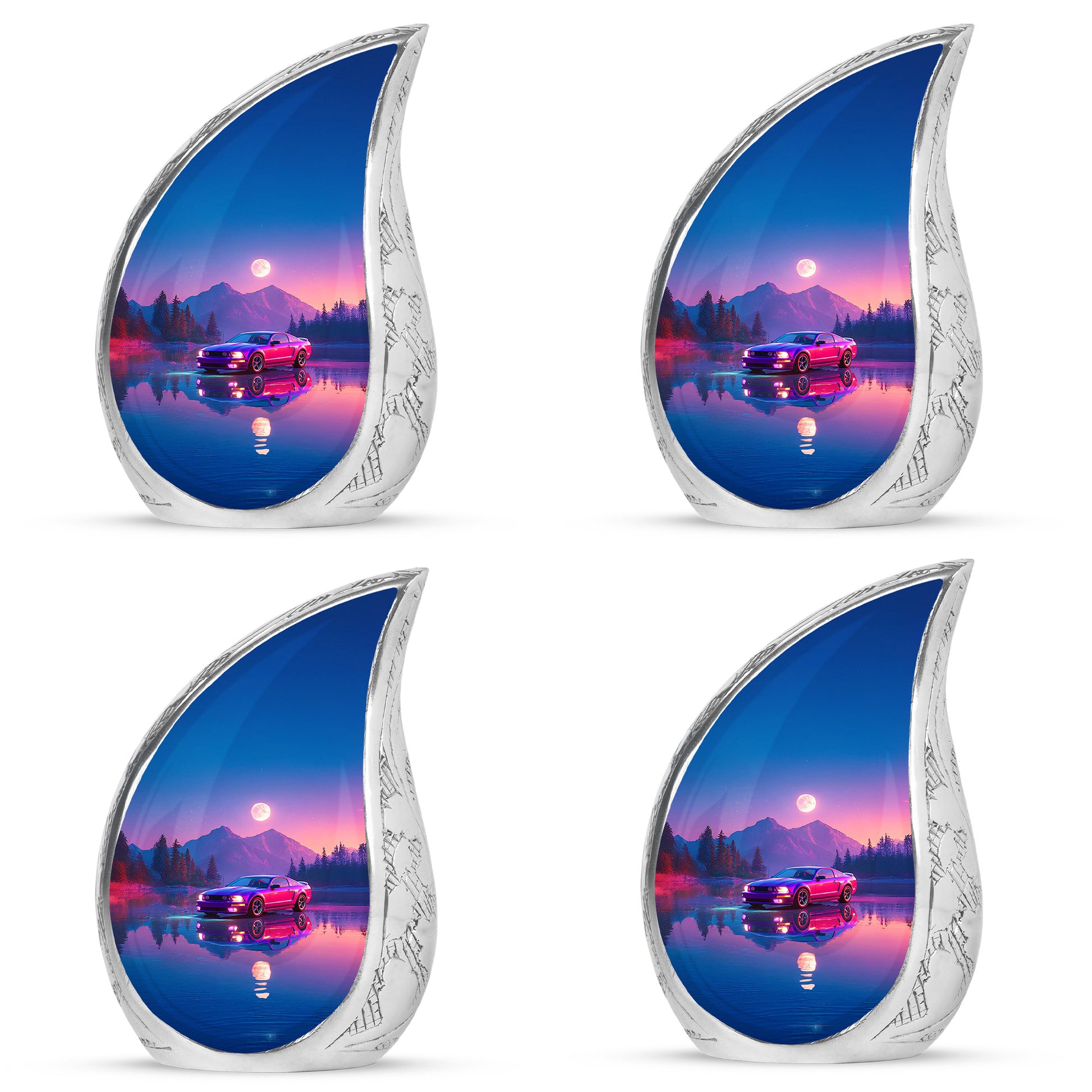 Royal Blue Car Cremation Urn close-up of engraving and surface detail - graceful tear-shaped urn with car motif - 10 inch aluminum urn for cremated remains
