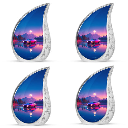 Royal Blue Car Cremation Urn close-up of engraving and surface detail - graceful tear-shaped urn with car motif - 10 inch aluminum urn for cremated remains