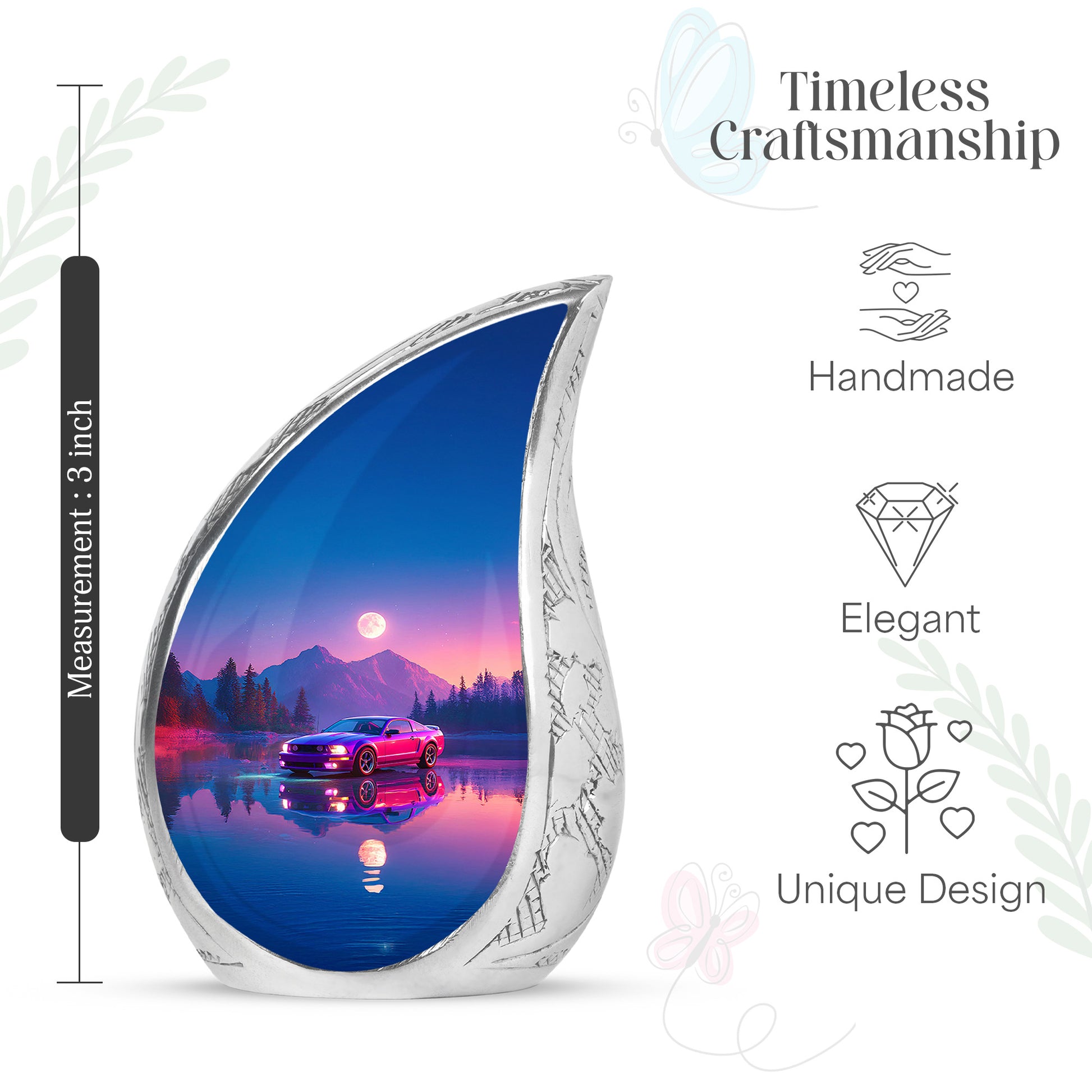 Misty Blue Car Cremation Urn angled view of lid and engraved motif - rounded teardrop car design with delicate detail - mini keepsake memorial for portion of cremation ashes