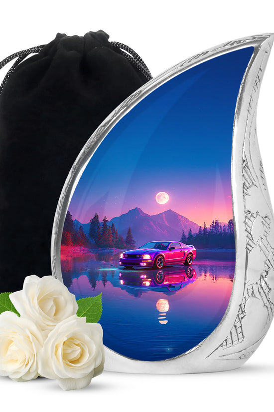 Misty Blue Car Cremation Urn front view showing detailed design - rounded teardrop car design with delicate detail - full-size 10 inch 200 cubic inch adult cremation urn