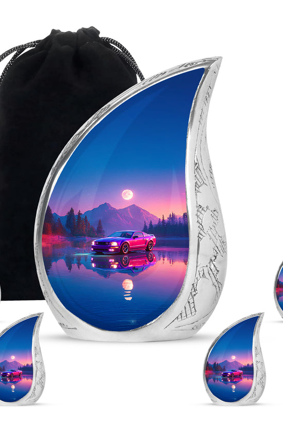 Bright Blue Car Cremation Urn side profile showing urn shape - smooth teardrop contour featuring car art - memorial set with one large and four small urns