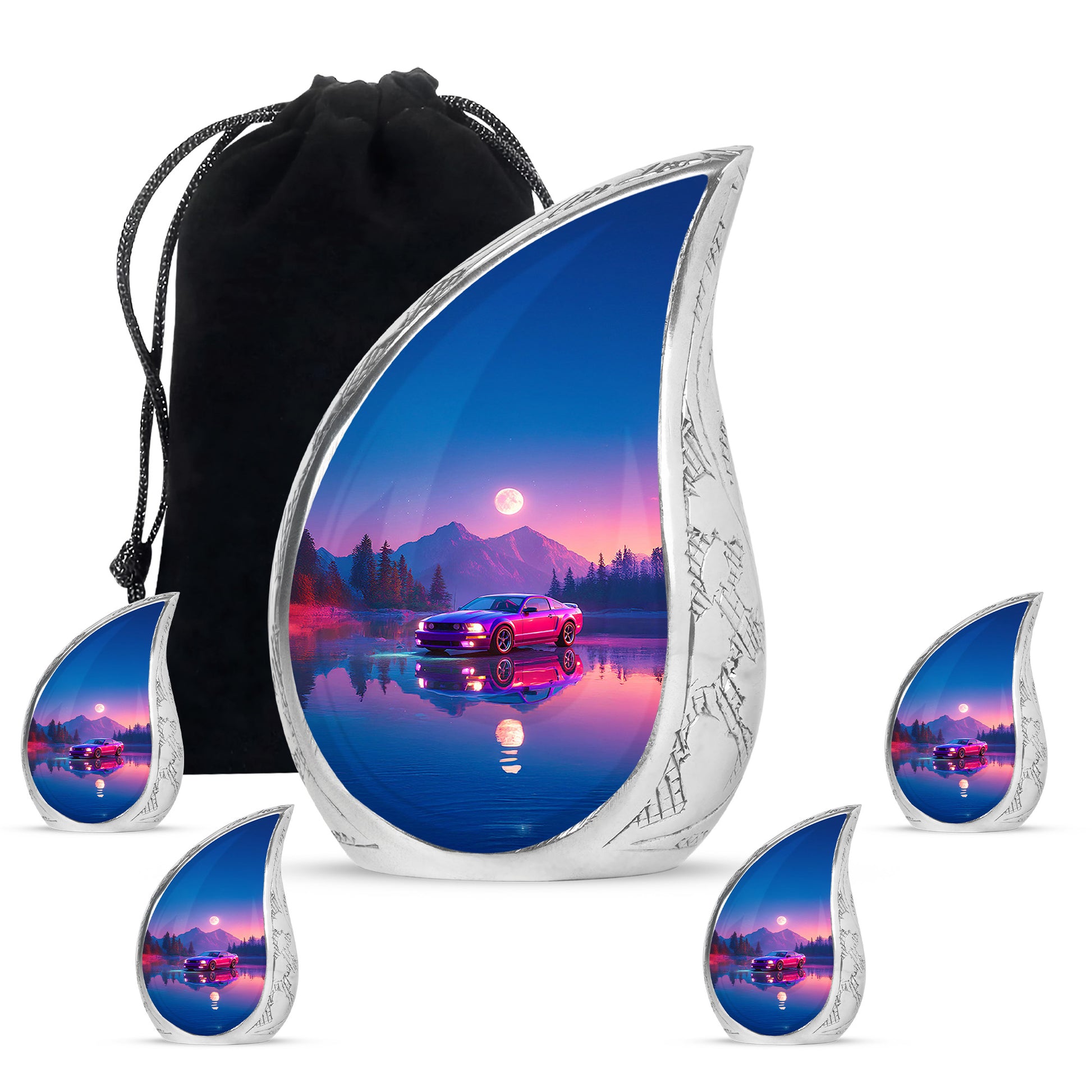 Bright Blue Car Cremation Urn side profile showing urn shape - smooth teardrop contour featuring car art - memorial set with one large and four small urns