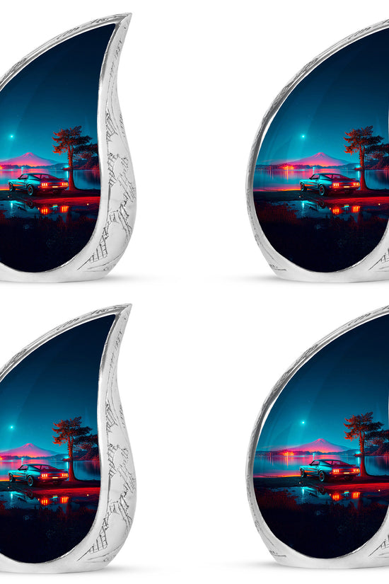 Powder Blue Car Cremation Urn close-up of engraving and surface detail - flowing teardrop car silhouette on curved aluminum - 10 inch aluminum urn for cremated remains