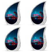 Powder Blue Car Cremation Urn close-up of engraving and surface detail - flowing teardrop car silhouette on curved aluminum - 10 inch aluminum urn for cremated remains