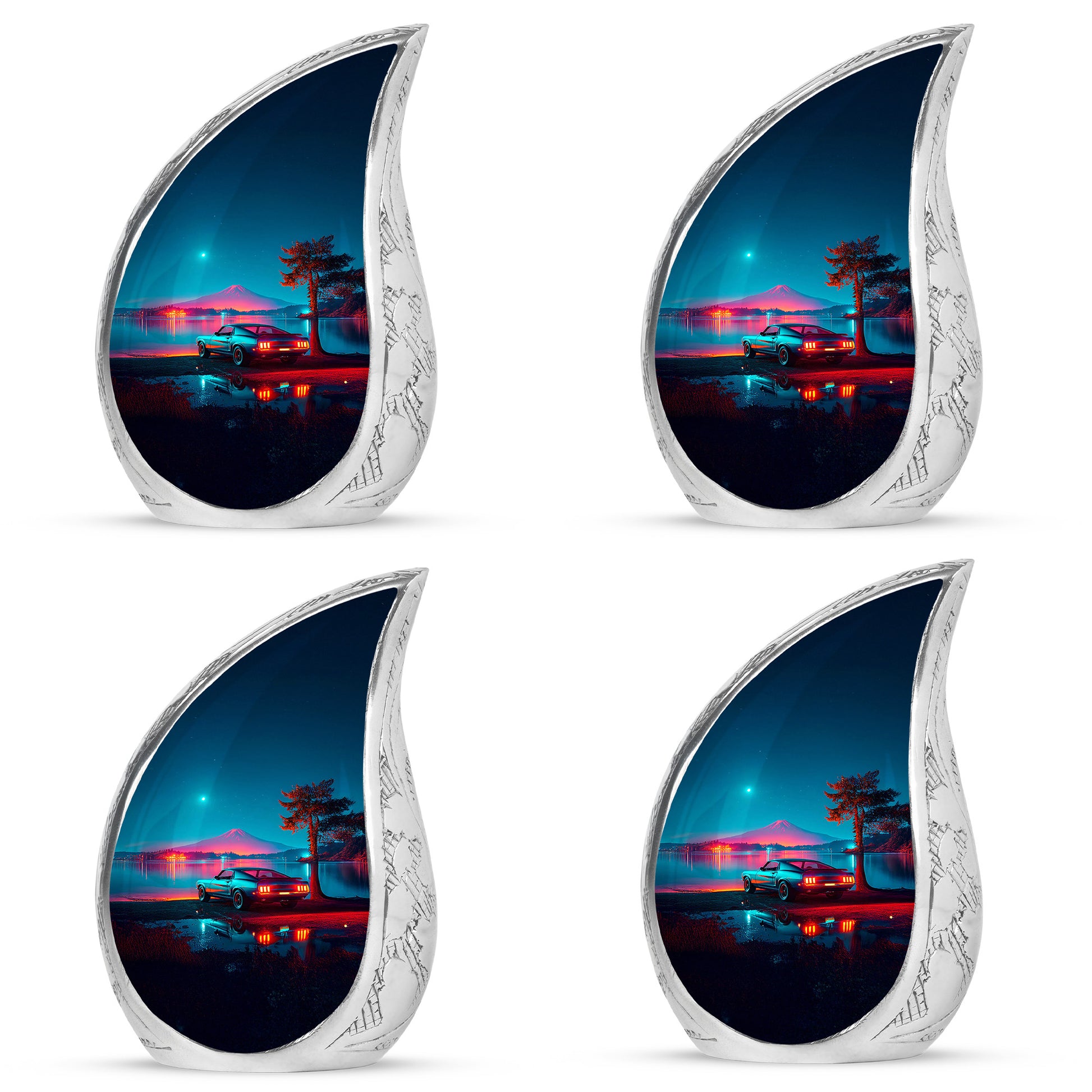 Powder Blue Car Cremation Urn close-up of engraving and surface detail - flowing teardrop car silhouette on curved aluminum - 10 inch aluminum urn for cremated remains