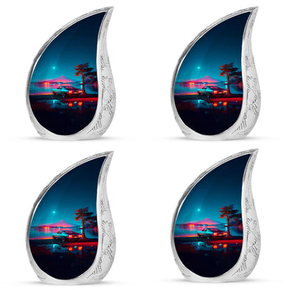 Powder Blue Car Cremation Urn close-up of engraving and surface detail - flowing teardrop car silhouette on curved aluminum - 10 inch aluminum urn for cremated remains