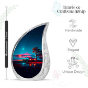 Icy Blue Car Cremation Urn angled view of lid and engraved motif - rounded teardrop car design with delicate detail - mini keepsake memorial for portion of cremation ashes