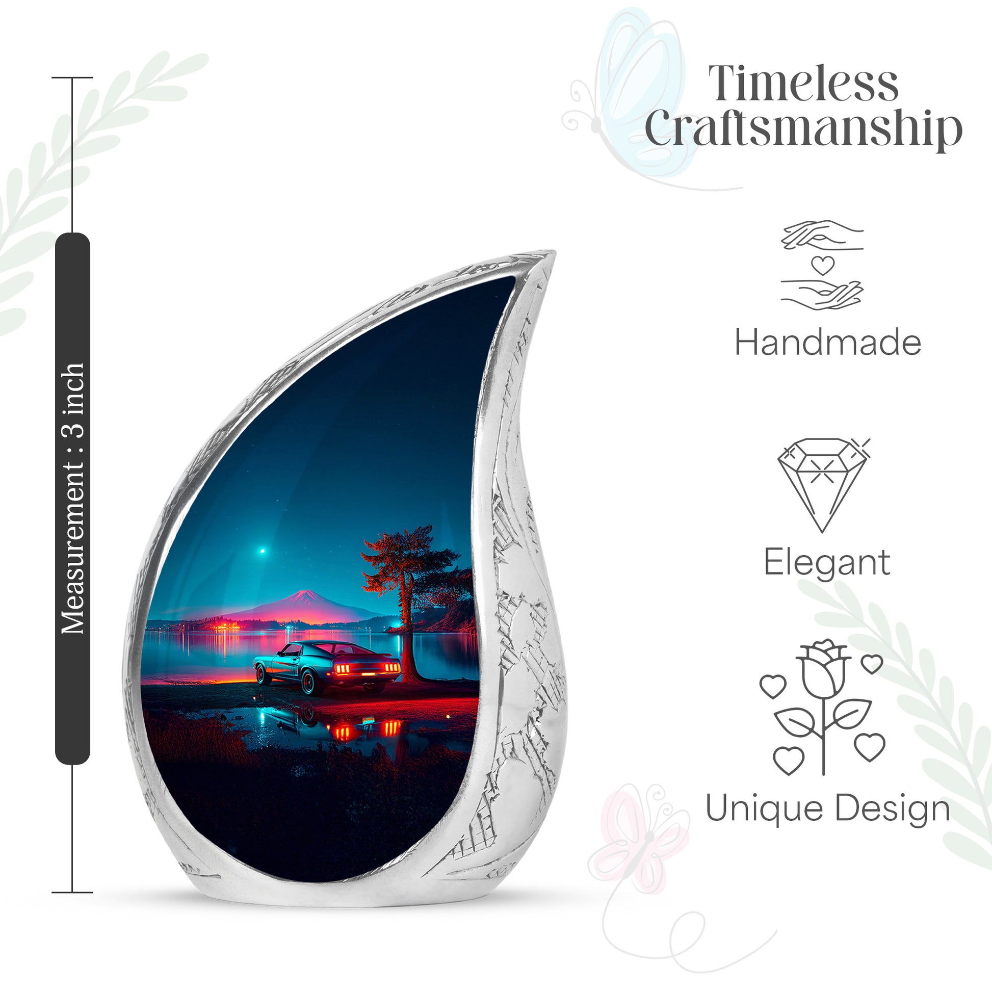 Icy Blue Car Cremation Urn angled view of lid and engraved motif - rounded teardrop car design with delicate detail - mini keepsake memorial for portion of cremation ashes