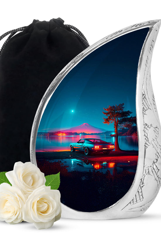 Sapphire Blue Car Cremation Urn front view showing detailed design - graceful tear-shaped urn with car motif - full-size 10 inch 200 cubic inch adult cremation urn