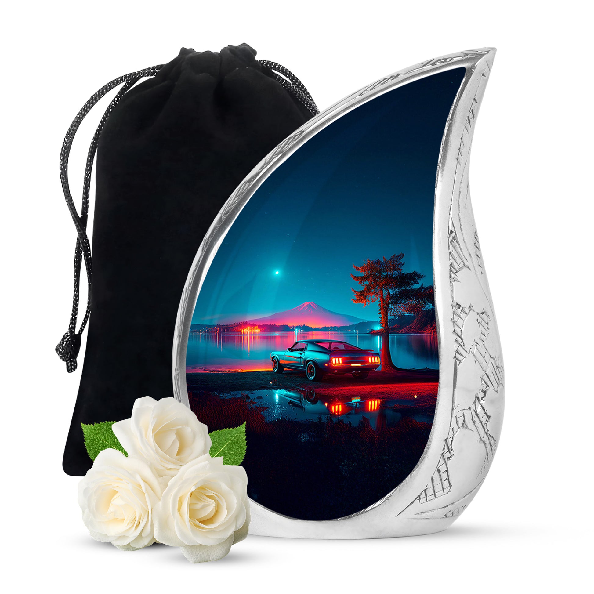 Sapphire Blue Car Cremation Urn front view showing detailed design - graceful tear-shaped urn with car motif - full-size 10 inch 200 cubic inch adult cremation urn