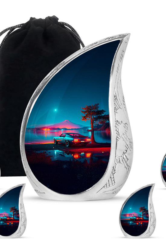 Twilight Blue Car Cremation Urn side profile showing urn shape - smooth teardrop contour featuring car art - memorial set with one large and four small urns
