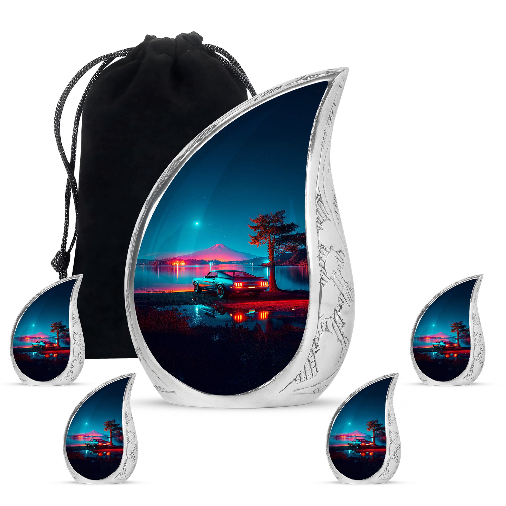Twilight Blue Car Cremation Urn side profile showing urn shape - smooth teardrop contour featuring car art - memorial set with one large and four small urns