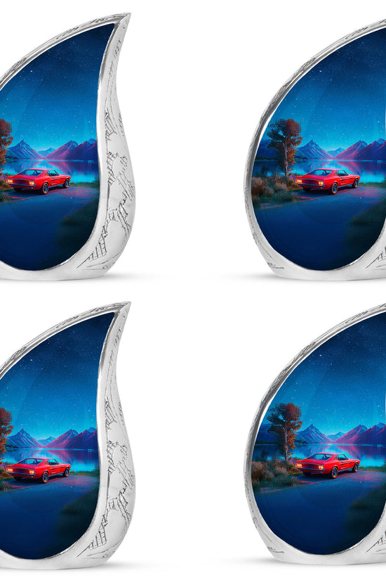Celestial Blue Car Cremation Urn close-up of engraving and surface detail - rounded teardrop car design with delicate detail - 10 inch aluminum urn for cremated remains