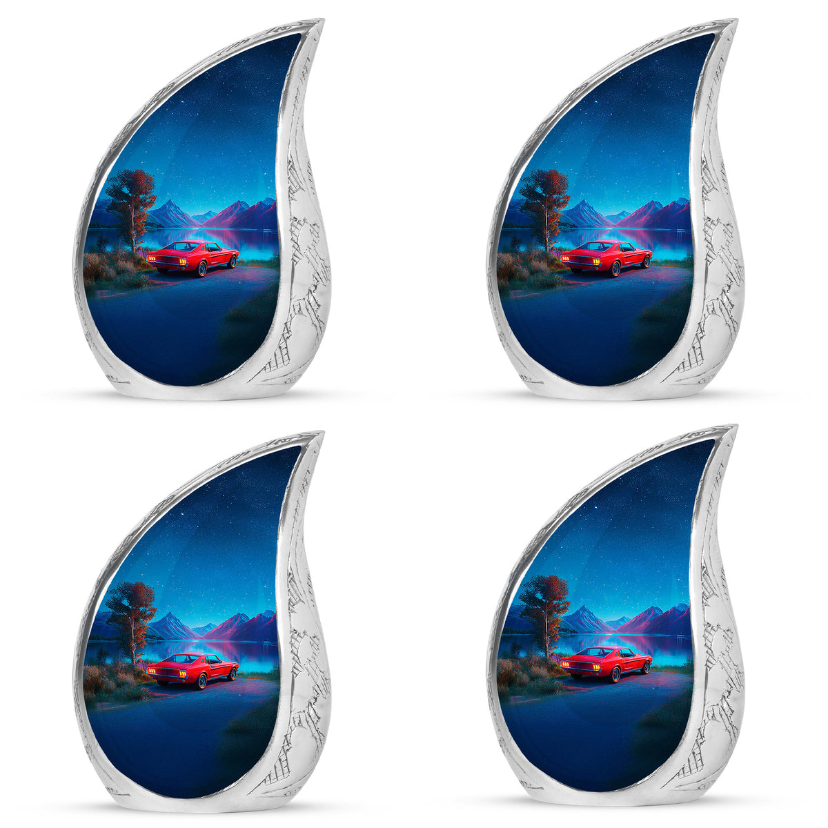 Celestial Blue Car Cremation Urn close-up of engraving and surface detail - rounded teardrop car design with delicate detail - 10 inch aluminum urn for cremated remains