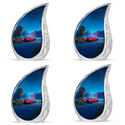 Celestial Blue Car Cremation Urn close-up of engraving and surface detail - rounded teardrop car design with delicate detail - 10 inch aluminum urn for cremated remains