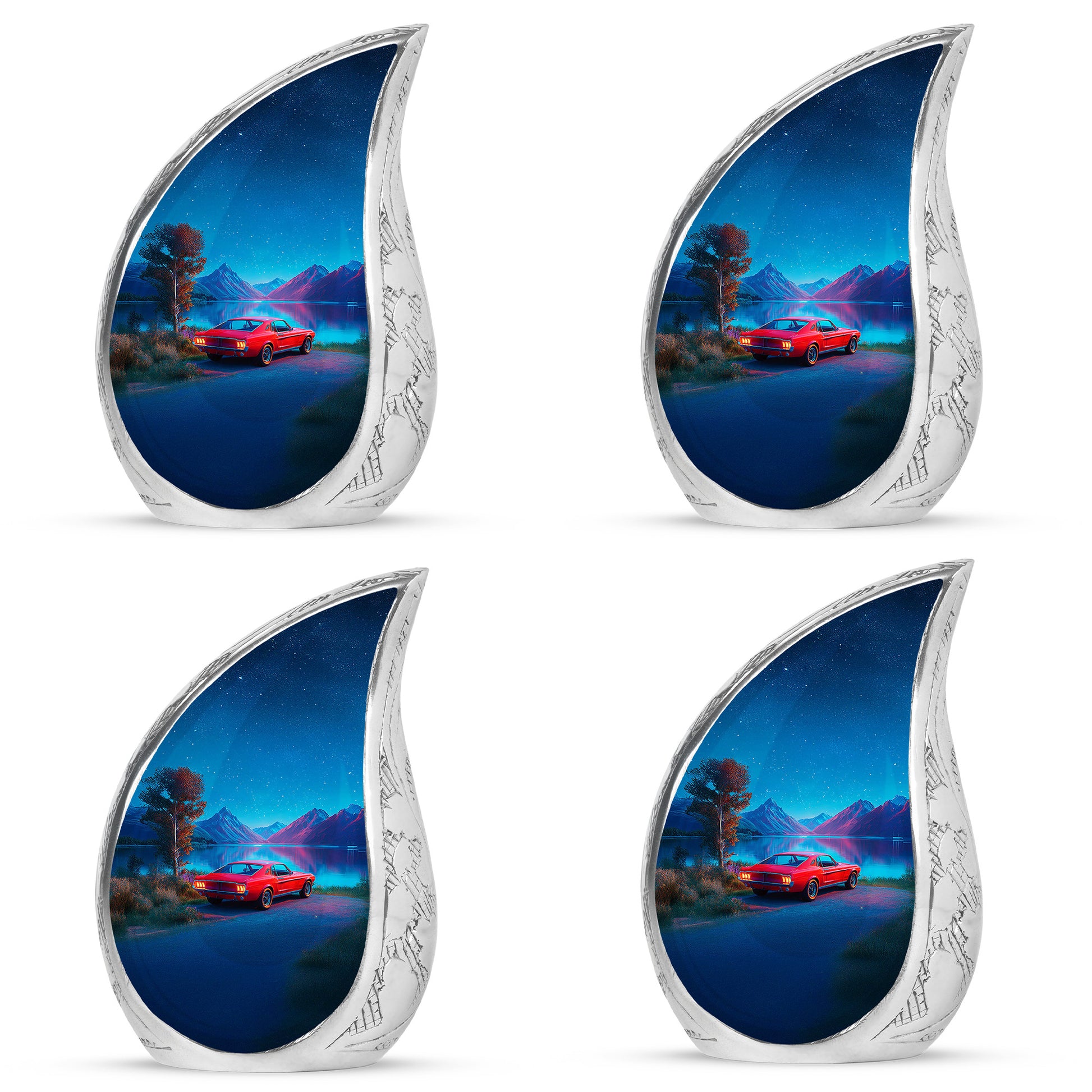 Celestial Blue Car Cremation Urn close-up of engraving and surface detail - rounded teardrop car design with delicate detail - 10 inch aluminum urn for cremated remains