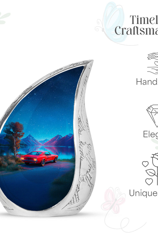Powder Blue Car Cremation Urn angled view of lid and engraved motif - flowing teardrop car silhouette on curved aluminum - mini keepsake memorial for portion of cremation ashes