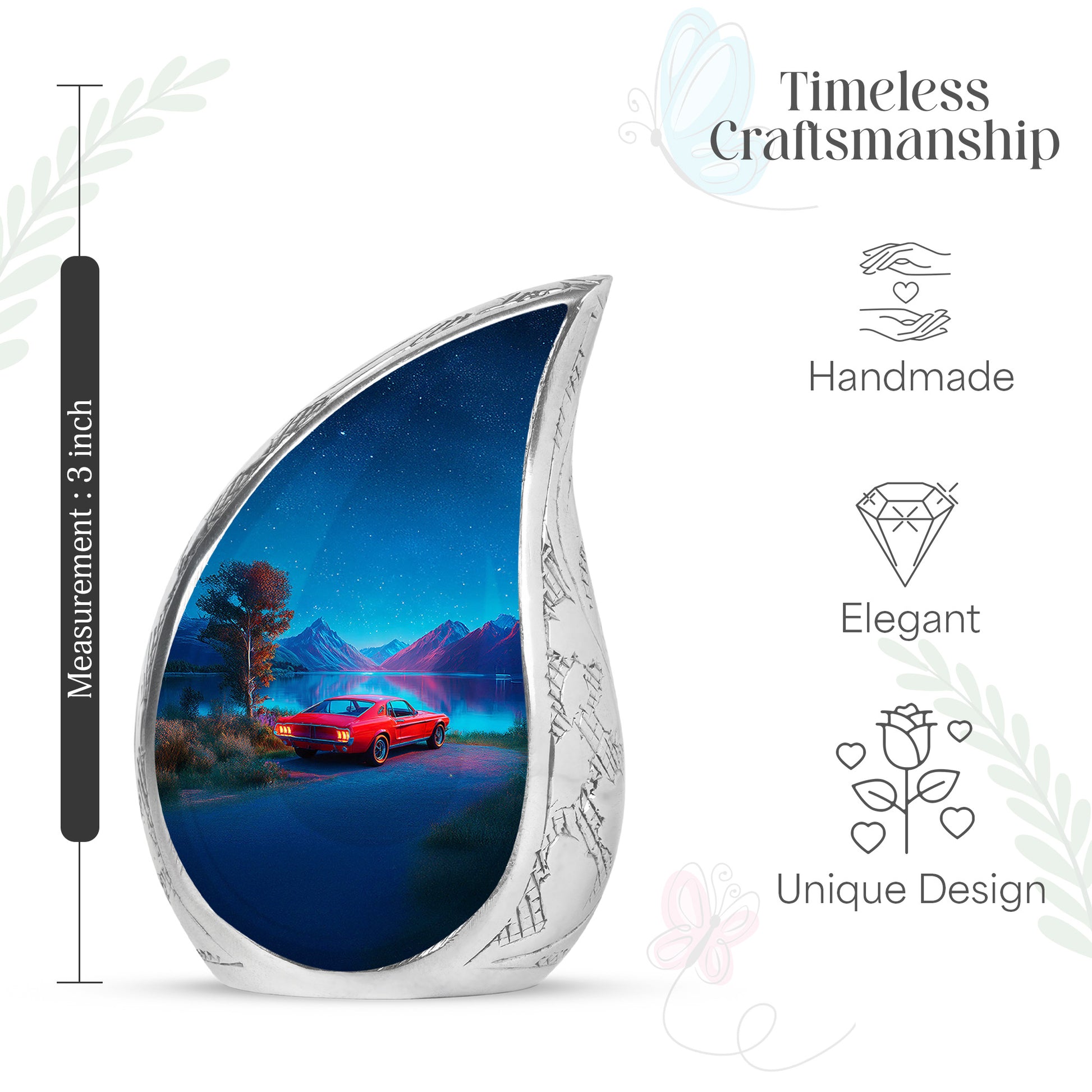 Powder Blue Car Cremation Urn angled view of lid and engraved motif - flowing teardrop car silhouette on curved aluminum - mini keepsake memorial for portion of cremation ashes