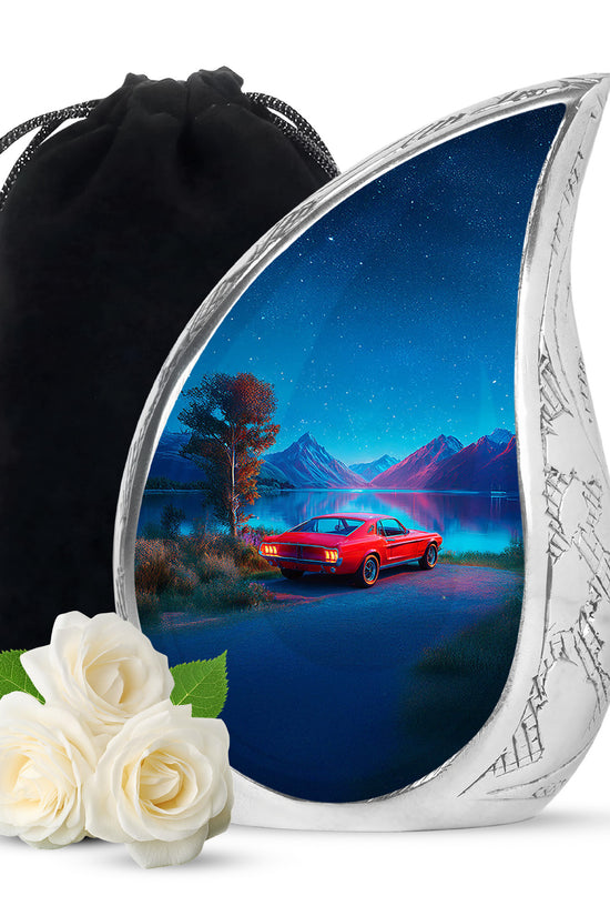 Dusty Blue Car Cremation Urn front view showing detailed design - rounded teardrop car design with delicate detail - full-size 10 inch 200 cubic inch adult cremation urn