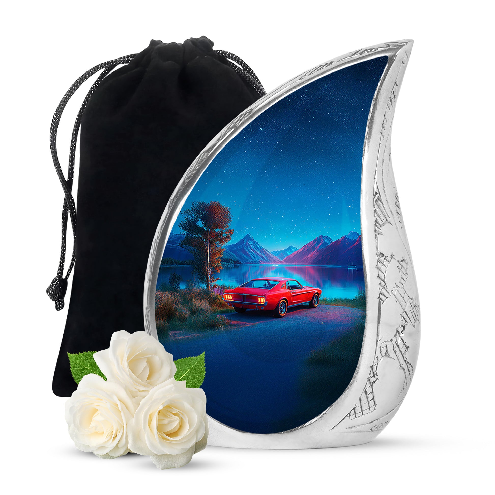 Dusty Blue Car Cremation Urn front view showing detailed design - rounded teardrop car design with delicate detail - full-size 10 inch 200 cubic inch adult cremation urn