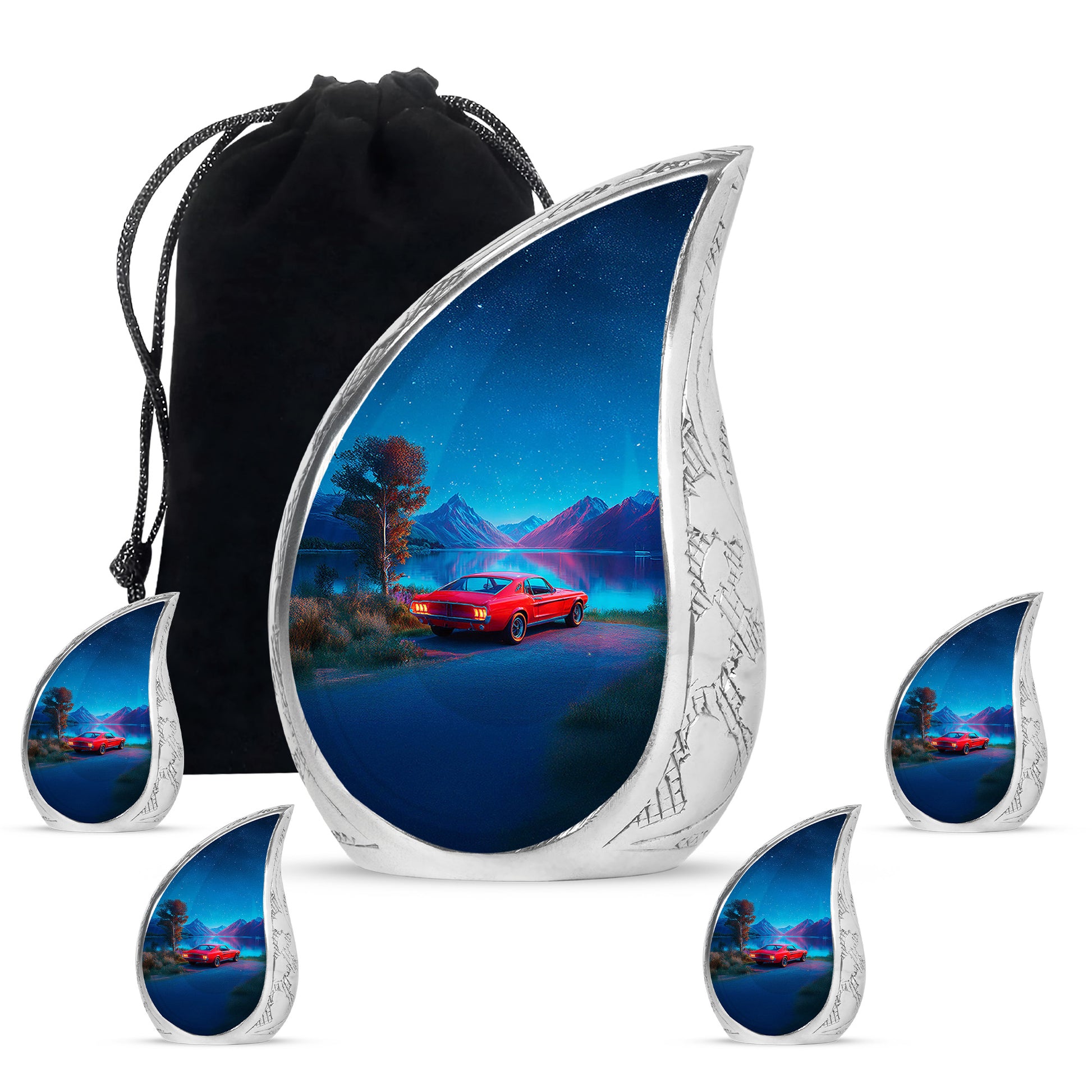 Indigo Car Cremation Urn side profile showing urn shape - rounded teardrop car design with delicate detail - memorial set with one large and four small urns