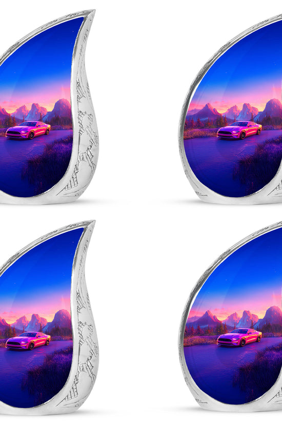 Dusty Pink Car Cremation Urn close-up of engraving and surface detail - graceful tear-shaped urn with car motif - 10 inch aluminum urn for cremated remains
