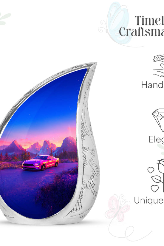 Soft Pink Car Cremation Urn angled view of lid and engraved motif - graceful tear-shaped urn with car motif - mini keepsake memorial for portion of cremation ashes