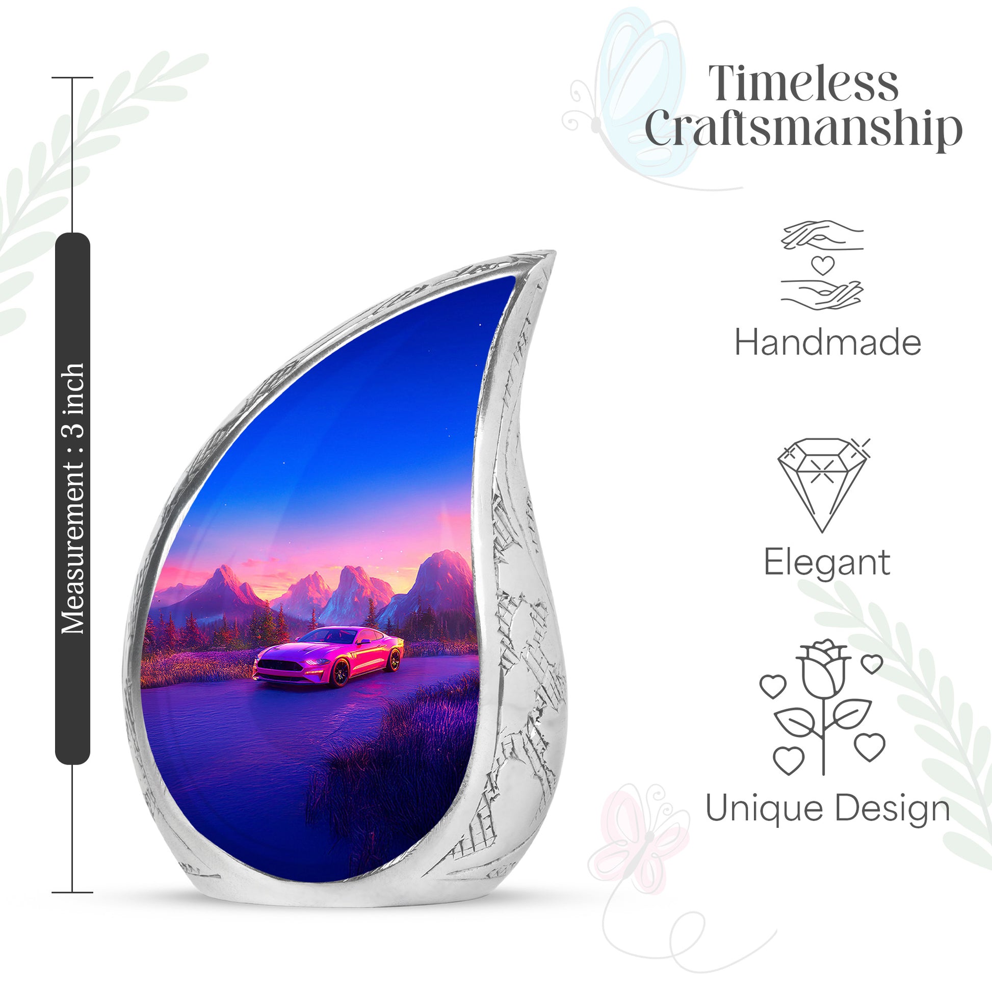 Soft Pink Car Cremation Urn angled view of lid and engraved motif - graceful tear-shaped urn with car motif - mini keepsake memorial for portion of cremation ashes