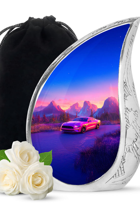 Peony Pink Car Cremation Urn front view showing detailed design - rounded teardrop car design with delicate detail - full-size 10 inch 200 cubic inch adult cremation urn