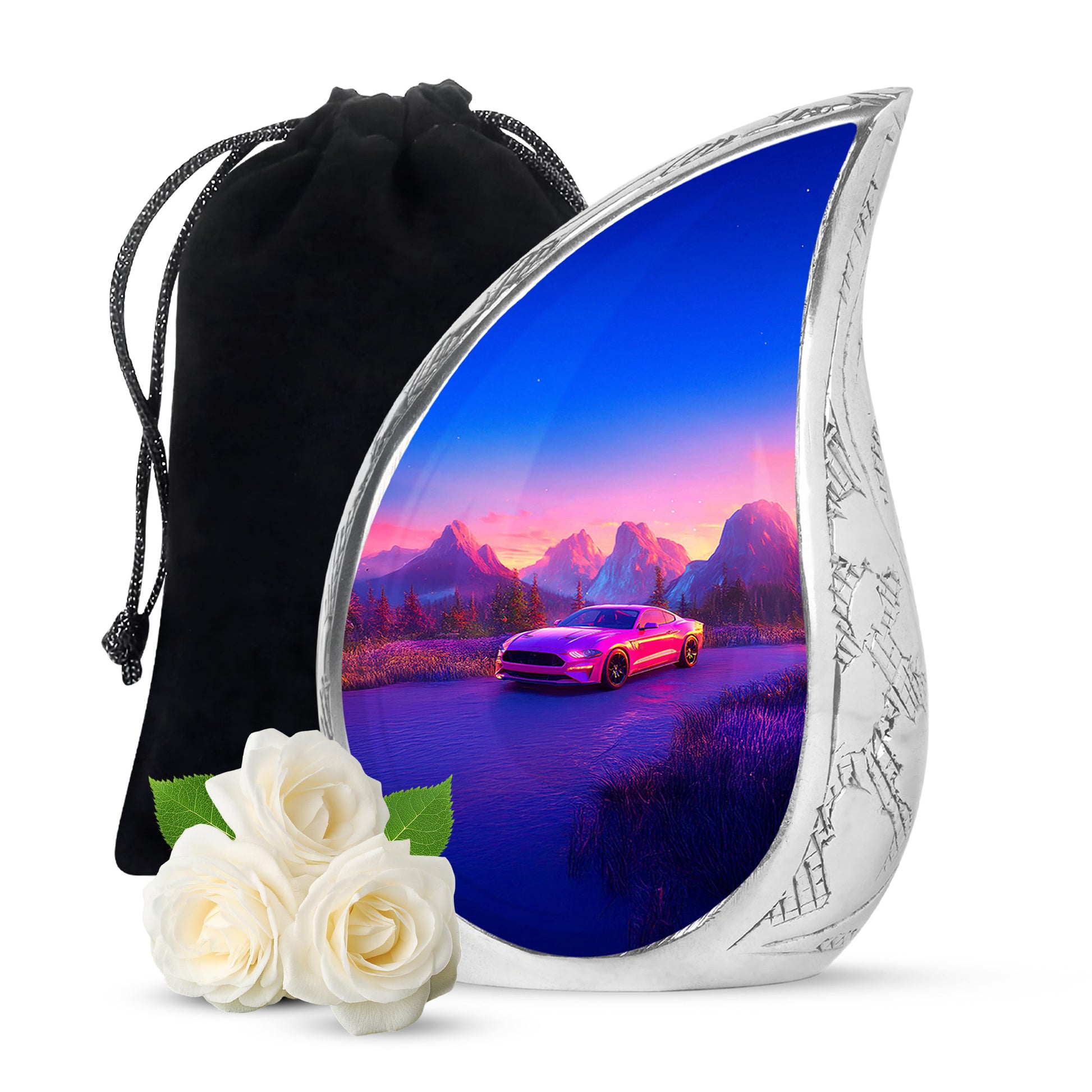 Peony Pink Car Cremation Urn front view showing detailed design - rounded teardrop car design with delicate detail - full-size 10 inch 200 cubic inch adult cremation urn