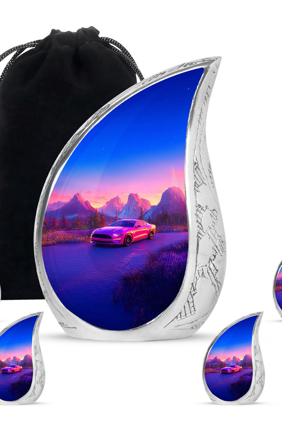 Blush Pink Car Cremation Urn side profile showing urn shape - flowing teardrop car silhouette on curved aluminum - memorial set with one large and four small urns