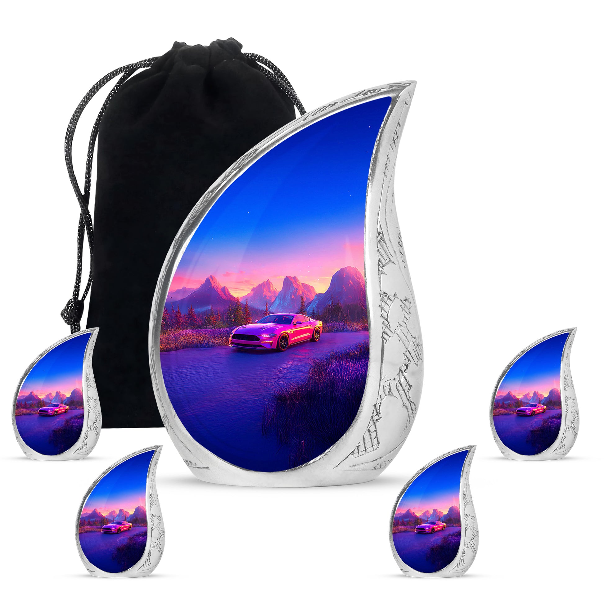 Blush Pink Car Cremation Urn side profile showing urn shape - flowing teardrop car silhouette on curved aluminum - memorial set with one large and four small urns